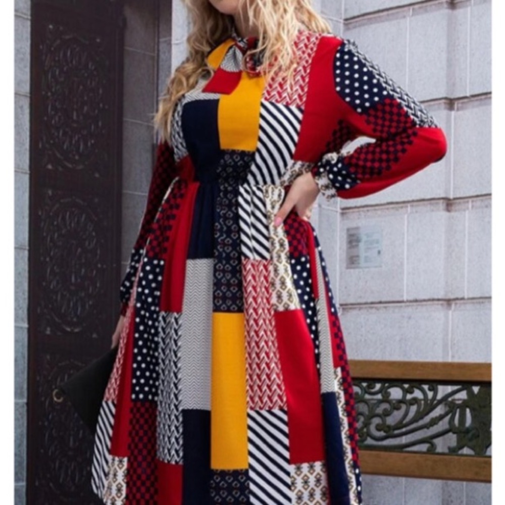 SHEIN PATCHWORK VIVID  WITH STRETCH ALL DAY   LONG SLEEVE NECK TIE DRESS